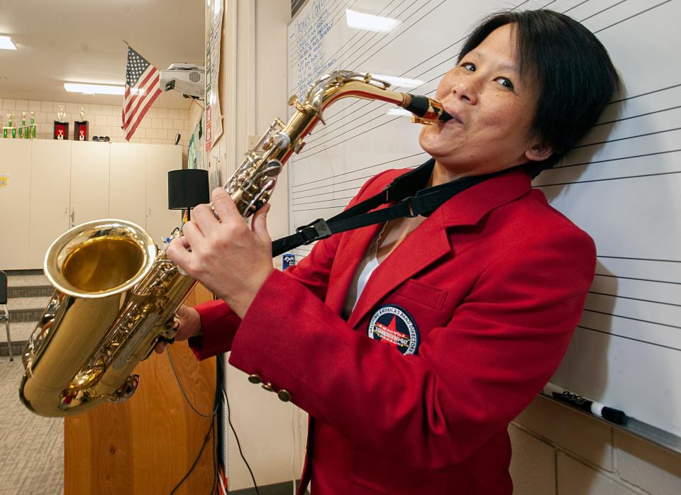 Marlborough High School orchestra band director Angie Crockwell, pictured in the band room at the high school, Nov. 9, 2023.