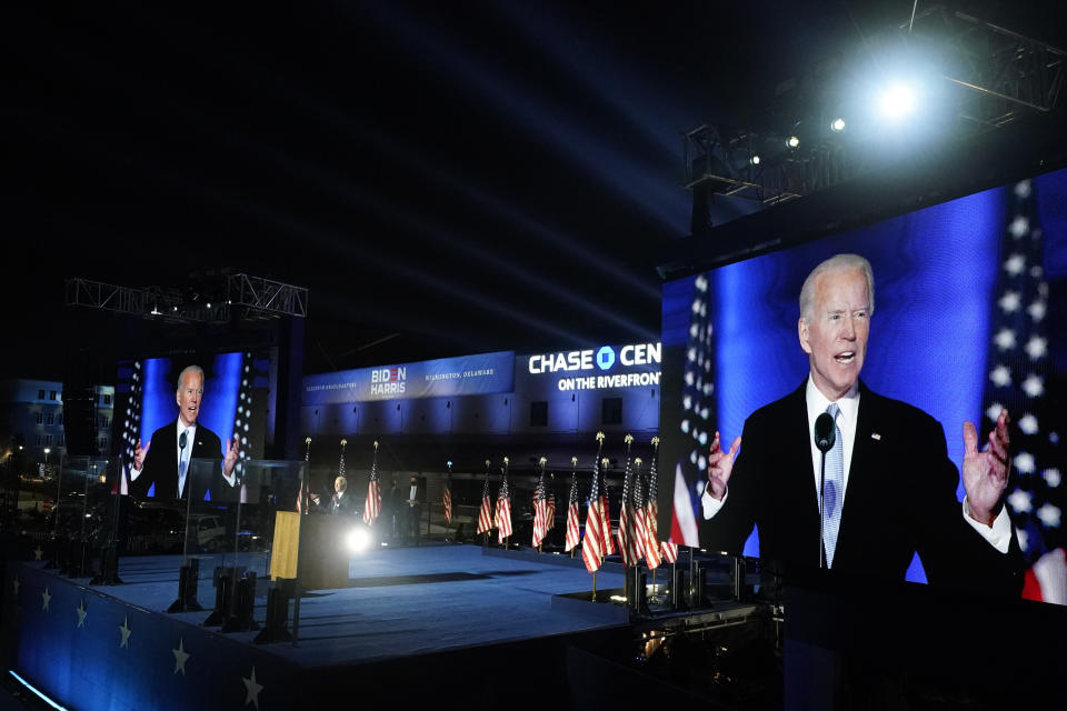 President-elect Joe Biden speaks, Saturday, Nov. 7, 2020, in Wilmington, Del. (AP Photo/Andrew Harnik)