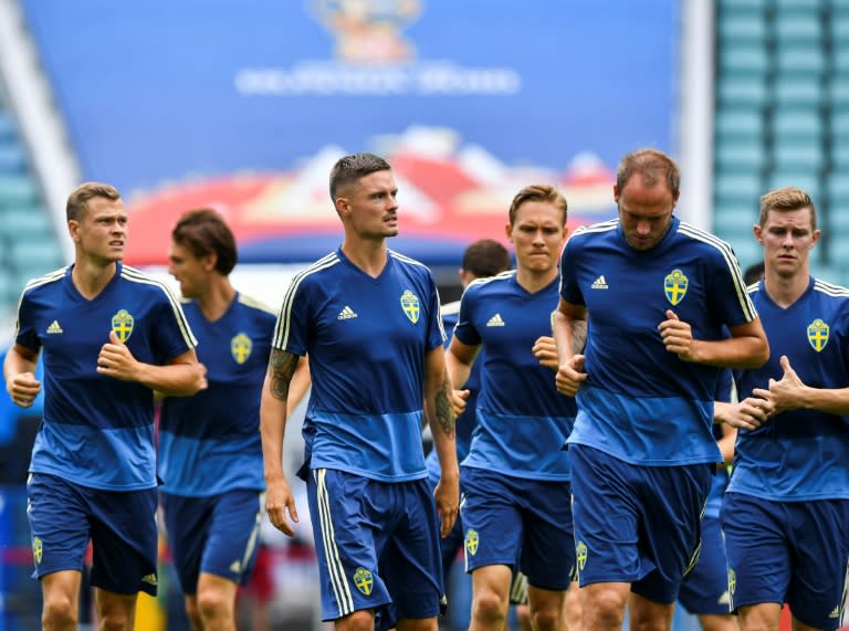 Swedish players attend a training session at the Fisht Olympic Stadium in Sochi on June 22, on the eve of their Russia 2018 World Cup Group F match against Germany