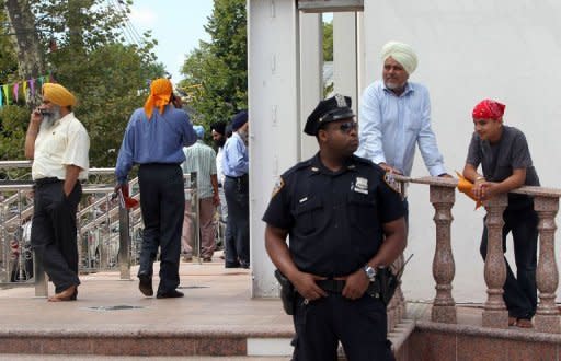 Police increase their presence at the Sikh Cultural Center in Richmond Hill Queens in New York on August 6, 2012. The extra security is in response to a shooting the at the Sikh Temple of Wisconsin in Oak Creek Wisconsin on August 5,2012 that left seven people dead, including the suspected shooter