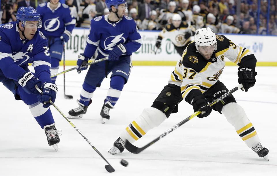 <p>
              Boston Bruins center Patrice Bergeron (37) flips the puck past Tampa Bay Lightning defenseman Ryan McDonagh (27) during the first period of an NHL hockey game Monday, March 25, 2019, in Tampa, Fla. (AP Photo/Chris O'Meara)
            </p>