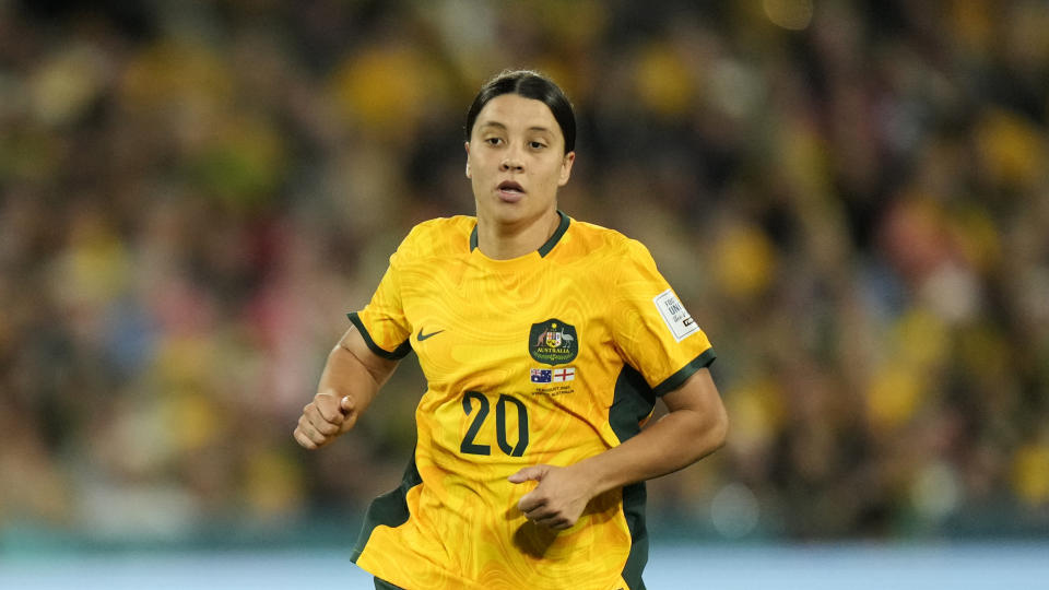 Australia's Sam Kerr in action during the Women's World Cup semifinal soccer match between Australia and England at Stadium Australia in Sydney, Australia, Wednesday, Aug. 16, 2023. (AP Photo/Rick Rycroft)