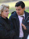 Leonardo DiCaprio and Joanna Lumley seen filming 'The Wolf Of Wall Street' in Prospect Park, New York.
