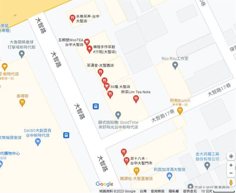 激動姐發現台中一條街出現10間飲料店，「台灣人是有多愛喝飲料啦？」（圖／翻攝自激動姐 地表最強綠葉臉書／／翻攝自Google Maps）