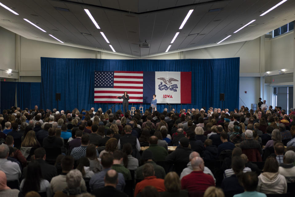 Harris in&nbsp;Ankeny, Feb. 23.&nbsp;Early polls of likely Iowa caucusgoers have placed her in the top tier with former Vice President Joe Biden and Sen. Bernie Sanders (I-Vt.). (Photo: Bloomberg via Getty Images)