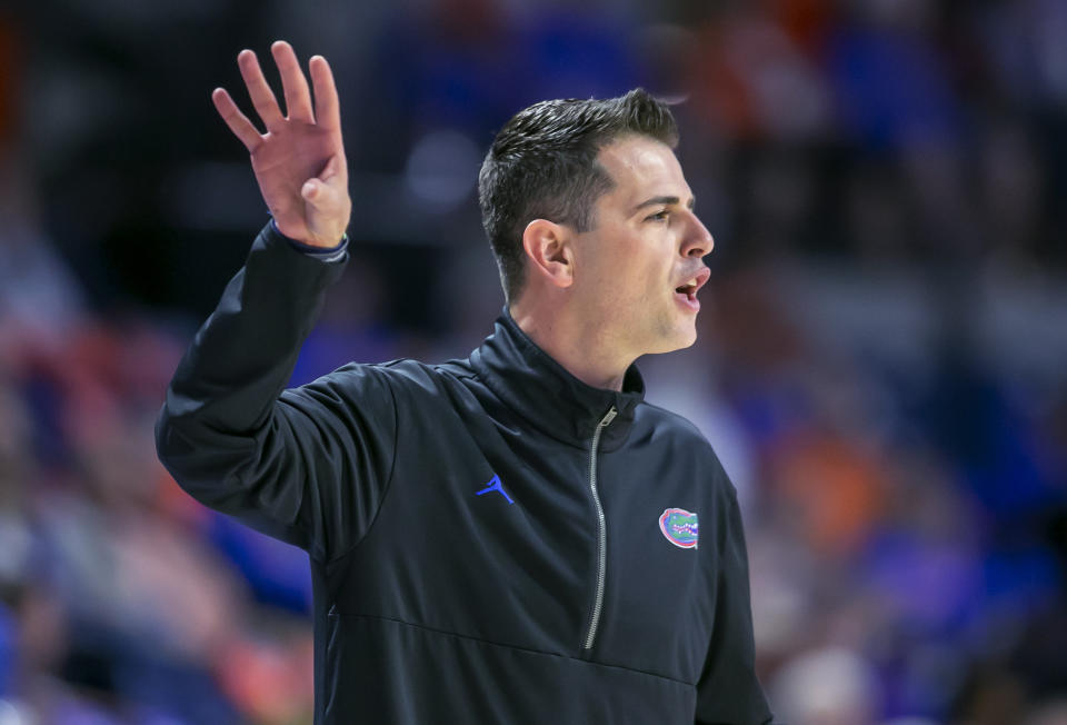 FILE - Florida coach Todd Golden gestures during the first half of the team's NCAA college basketball game against Kentuck, Wednesday, Feb. 22, 2023, in Gainesville, Fla. Florida Victorious formally launched Tuesday, April 11, 2023, with hopes of raising money to fund NIL deals for student-athletes — and ultimately help the Gators get back to national prominence in football and men’s basketball.(AP Photo/Alan Youngblood, File)