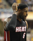 INDIANAPOLIS, IN - MAY 20: LeBron James #6 of the Miami Heat expresses his displeasure at a foul called against a teammate in Game Four of the Eastern Conference Semifinals against the Indiana Pacers in the 2012 NBA Playoffs at Bankers Life Fieldhouse on May 20, 2012 in Indianapolis, Indiana. NOTE TO USER: User expressly acknowledges and agrees that, by downloading and/or using this photograph, User is consenting to the terms and conditions of the Getty Images License Agreement. (Photo by Jonathan Daniel/Getty Images)