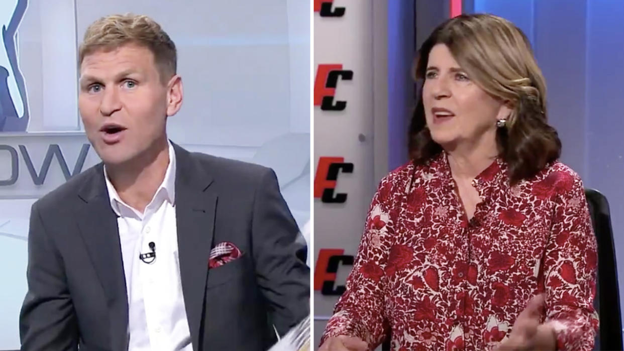 AFL great Kane Cornes (pictured left) speaking and criticising his Footy Classified colleague Caroline Wilson (pictured right).