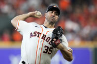 Houston Astros starting pitcher Justin Verlander (35) delivers a pitch against the Seattle Mariners during the first inning in Game 1 of an American League Division Series baseball game in Houston,Tuesday, Oct. 11, 2022. (AP Photo/Kevin M. Cox)