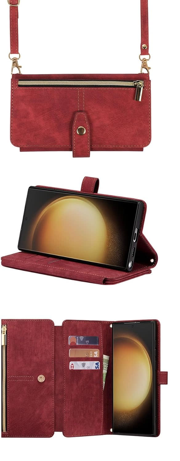 Zcdaye Crossbody Samsung Phone Wallet Case in red.