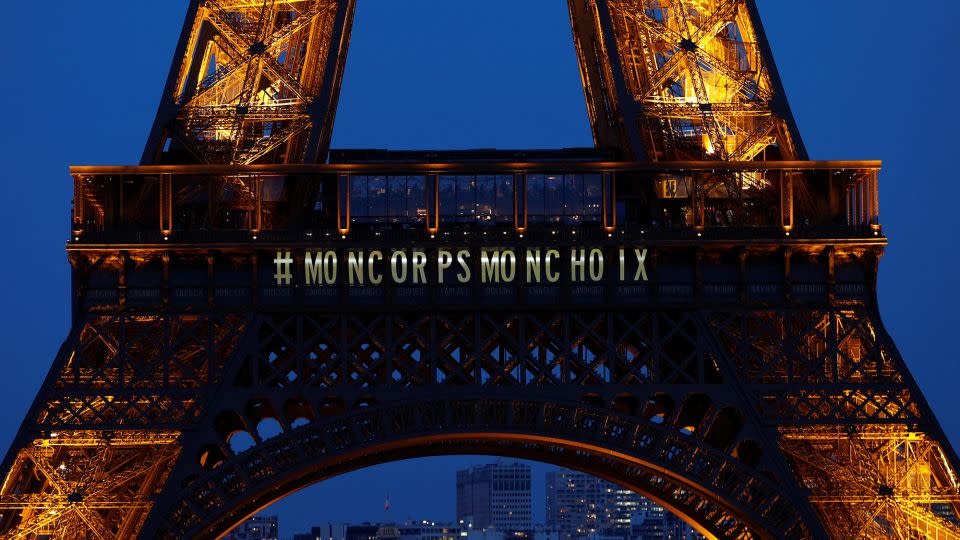 The Eiffel Tower lights up with the message "my body my choice" after the vote on Monday. - Abdul Saboor/Reuters