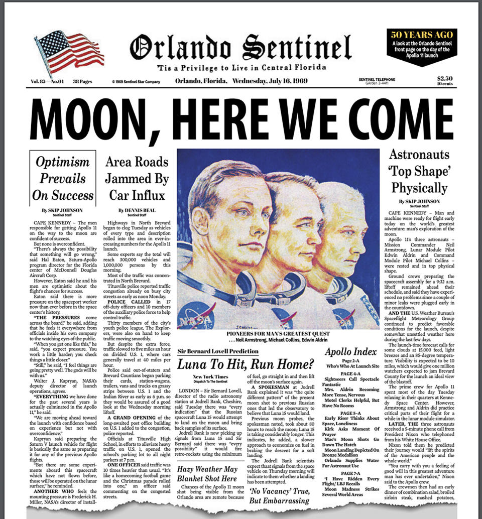 This image shows the Tuesday, July 16, 2019 front page of the Orlando Sentinel newspaper, commemorating the issue 50 years ago when NASA astronauts blasted into space on their first attempt to land on the moon. (Orlando Sentinel via AP)