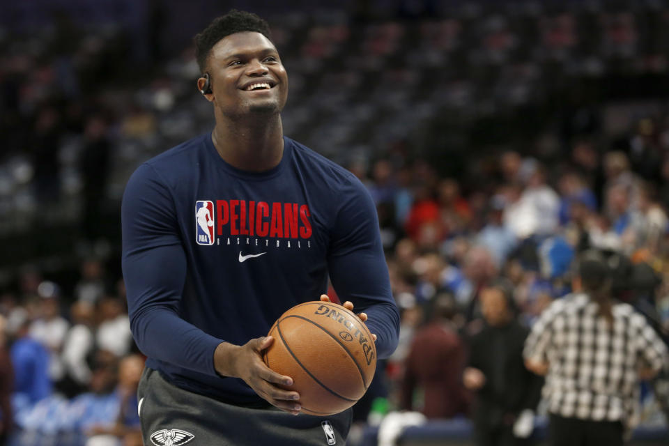 FILE - In this March 4, 2020, file photo, New Orleans Pelicans forward Zion Williamson shoots free throws prior to an NBA basketball game against the Dallas Mavericks in Dallas. Pelicans rookie Williamson says he feels like he is in good shape as he prepares to help lead New Orleans' eight-game push to make the NBA playoffs. (AP Photo/Michael Ainsworth)