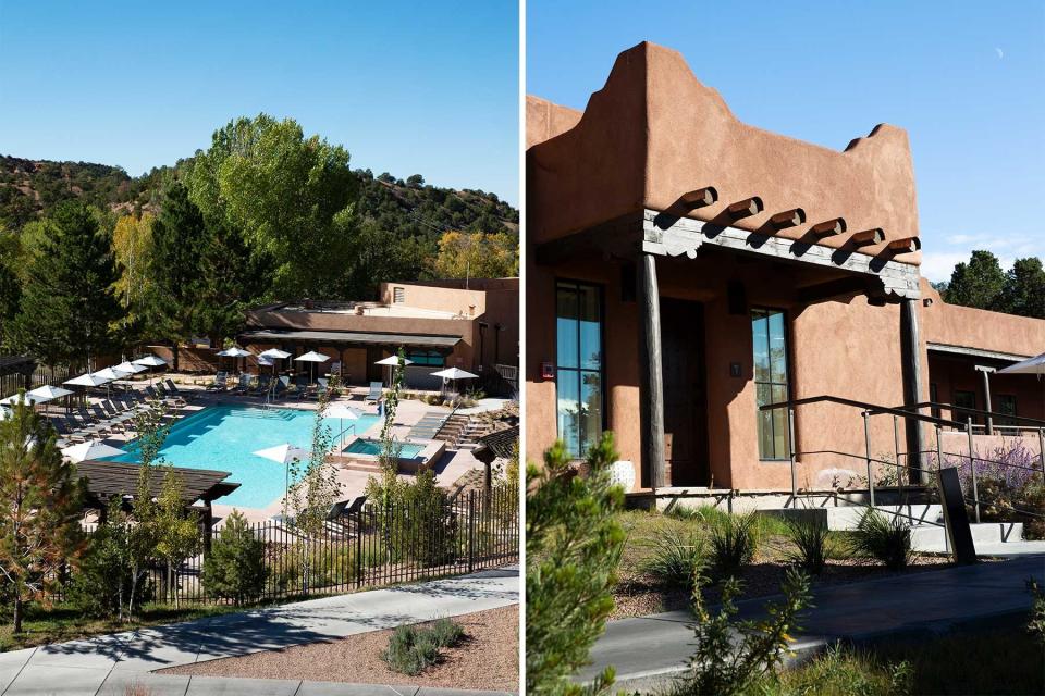 Pair of photos from Bishop's Lodge, in Santa Fe, one showing the pool and one showing the exterior of a guest building