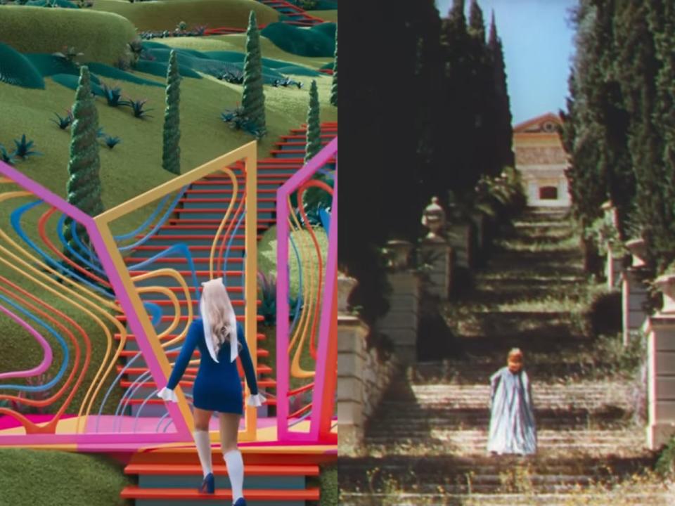 Left: Margot Robbie walking up a flight of stairs in "Barbie." Right:  Moira Shearer walking up a flight of stairs in "The Red Shoes."