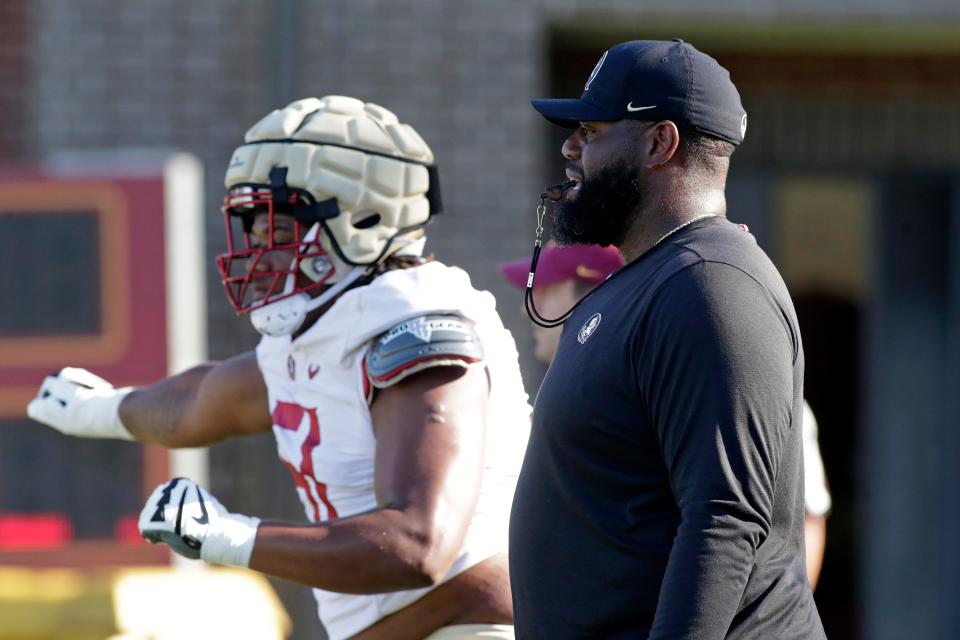 FSU Offensive Line Coach Alex Atkins during practice on Tuesday, Aug. 2, 2022 in Tallahassee, Fla. 