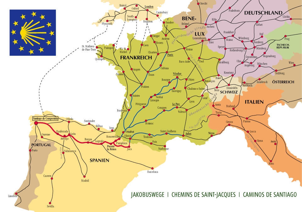 Ganz Europa ist durchzogen von einem Netz verschiedener Jakobswege. Ziel aller Wege ist Santiago de Compostela im Nordwesten Spaniens. (Grafik: Commons Wikimedia.org /Manfred Zentgraf, Volkach, Germany)