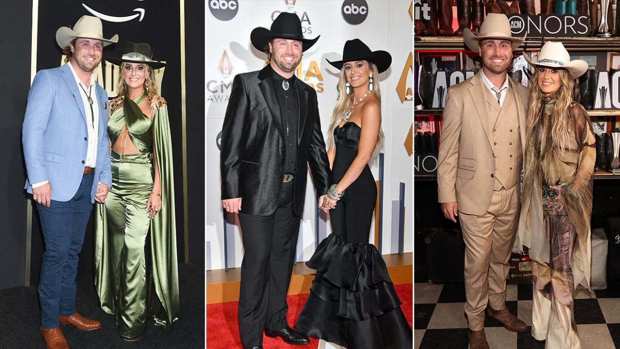 Devlin Hodges in a black suit and cowboy hat and Lainey Wilson in a black strapless dress and cowboy hat smile at the ACM awards split Devlin in a blue suit, jeans and cream cowboy hat smiles as he holds Lainey’s hand who is wearing a green shiny jumpsuit and black cowboy hat at the 58th CMAS carpet split Devlin in a three piece tan suit and cowboy hat smiles with Lainey in a patterned top and bottom and cream cowboy hat at the Academy Of Country Music Honors