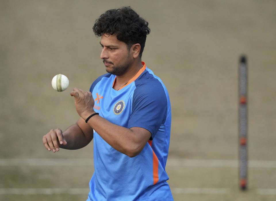 Indian cricket player Kuldeep Yadav attends a practice session on the eve of the first one-day international cricket match between India and New Zealand in Hyderabad, India, Tuesday, Jan. 17, 2023. (AP Photo/Mahesh Kumar A.)