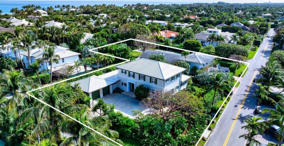 A two-house compound at 1333 N. Lake Way and 250 Angler Ave. is outlined with a white perimeter line in this aerial photo. The property on the North End of Palm Beach is being marketed at $29.5 million.
