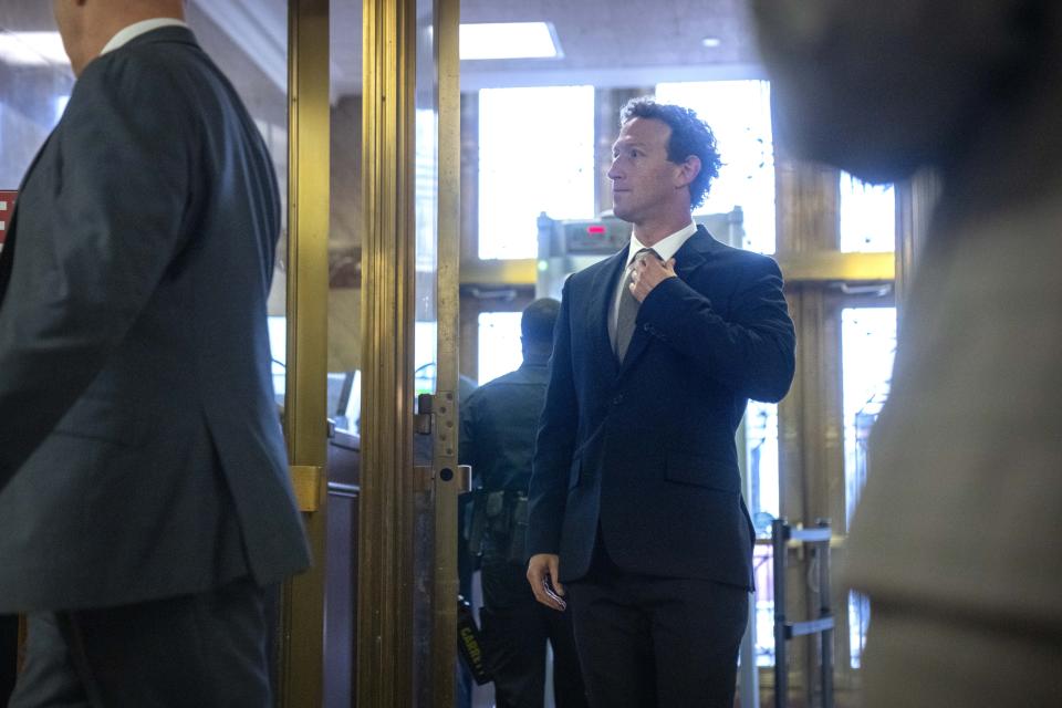 Meta CEO Mark Zuckerberg arrives to appear before the Senate Judiciary Committee's hearing on online child safety on Capitol Hill, Wednesday, Jan. 31, 2024 in Washington. (AP Photo/Mark Schiefelbein)