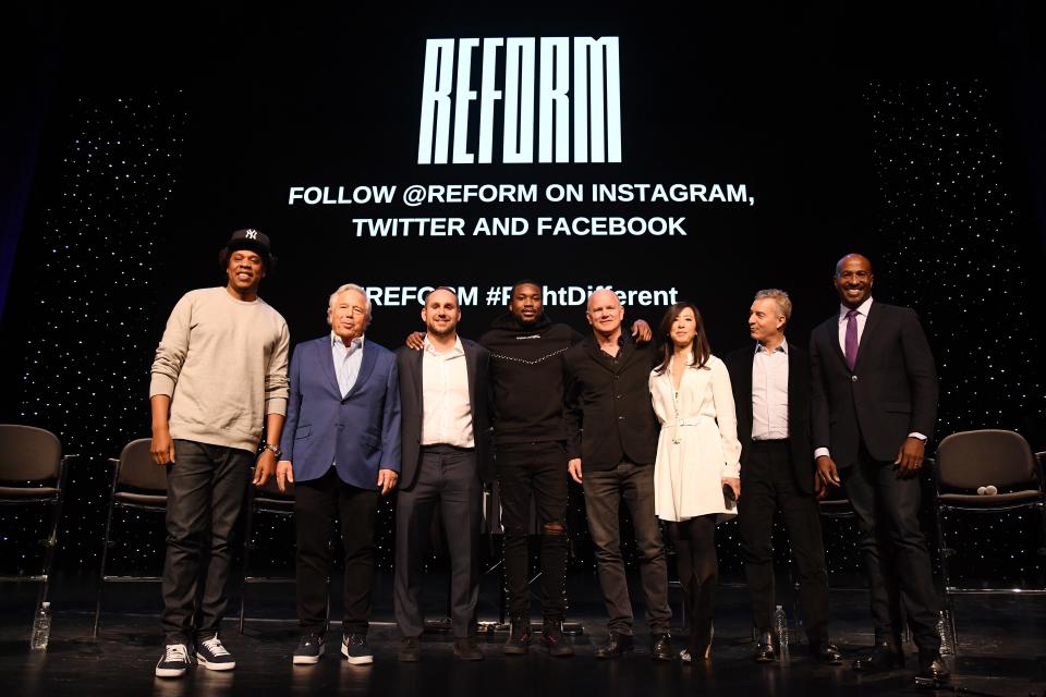 The rapper was joined by Robert Kraft, Michael Rubin, Meek Mill, Michael Novogratz, Clara Wu Tsai, Dan Loeb and Van Jones at the launch of The Reform Alliance — an organization that works to reduce the number of people unjustly wrapped up in the criminal justice system — at John Jay College on Jan. 23, 2019 in N.Y.C.