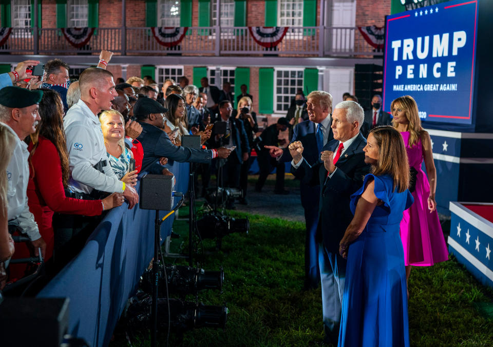 President Donald Trump and first lady Melania Trump, join Vice President Mike Pence and is wife, Karen Pence, while greeting attendees at Fort McHenry in Baltimore, during the Republican National Convention, Aug. 26, 2020.<span class="copyright">Doug Mills—New York Times/REDUX</span>