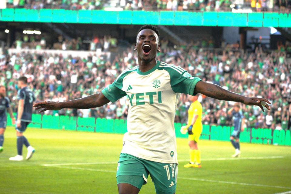 May 18, 2024; Austin, Texas, USA; Austin FC forward Jader Obrian (11) reacts after his goal against Sporting Kansas City during the first half at Q2 Stadium. Mandatory Credit: Dustin Safranek-USA TODAY Sports