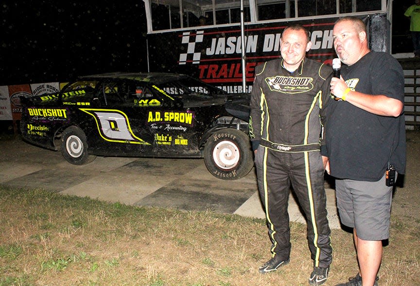 Eric Swan is interviewed after taking home the win in the Elite General Contracting Street Stock Division.