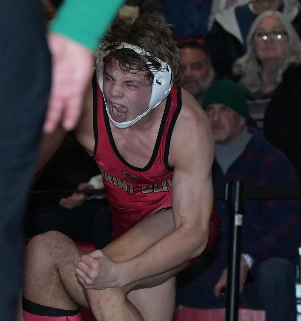 Tyler Bienus of Mt. Olive defeated Justin Onello of Bergen Catholic in the 175 lb. semi final during the NJSIAA Region 2 Wrestling Tournament at Mt. Olive High School on February 21, 2023.