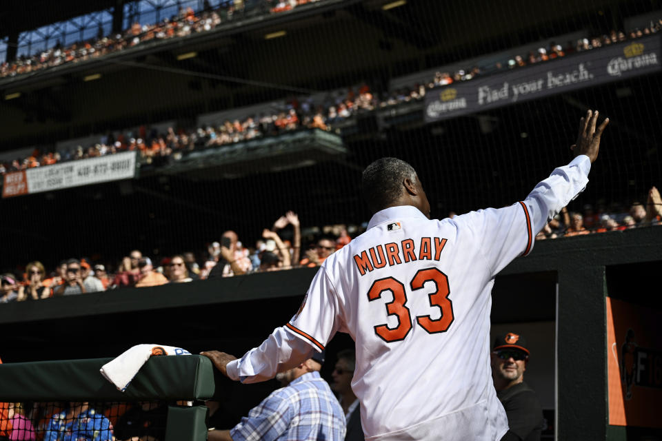 Former Baltimore Orioles first baseman Eddie Murray salutes the crowd before a baseball game between the Baltimore Orioles and the Pittsburgh Pirates, Saturday, Aug 6, 2022, in Baltimore. (AP Photo/Terrance Williams)