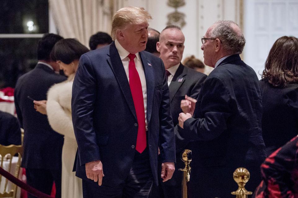 President Donald Trump speaks to attorney Alan Dershowitz, right, as he arrives for Christmas Eve dinner at Mar-a-lago in Palm Beach, Fla., Tuesday, Dec. 24, 2019. (AP Photo/Andrew Harnik)
