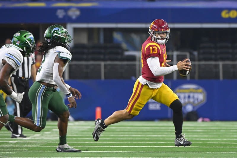 Look for the Chicago Bears to select former USC quarterback Caleb Williams with the No. 1 overall pick in the 2024 NFL Draft. File Photo by Ian Halperin/UPI