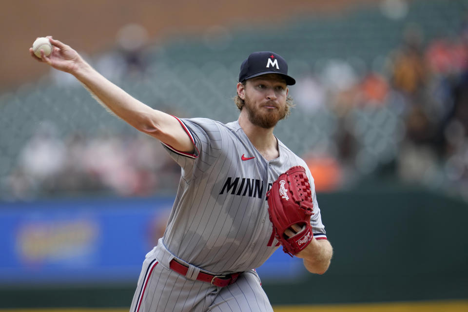 Minnesota Twins pitcher Bailey Ober throws against the Detroit Tigers in the first inning of a baseball game, Sunday, June 25, 2023, in Detroit. (AP Photo/Paul Sancya)