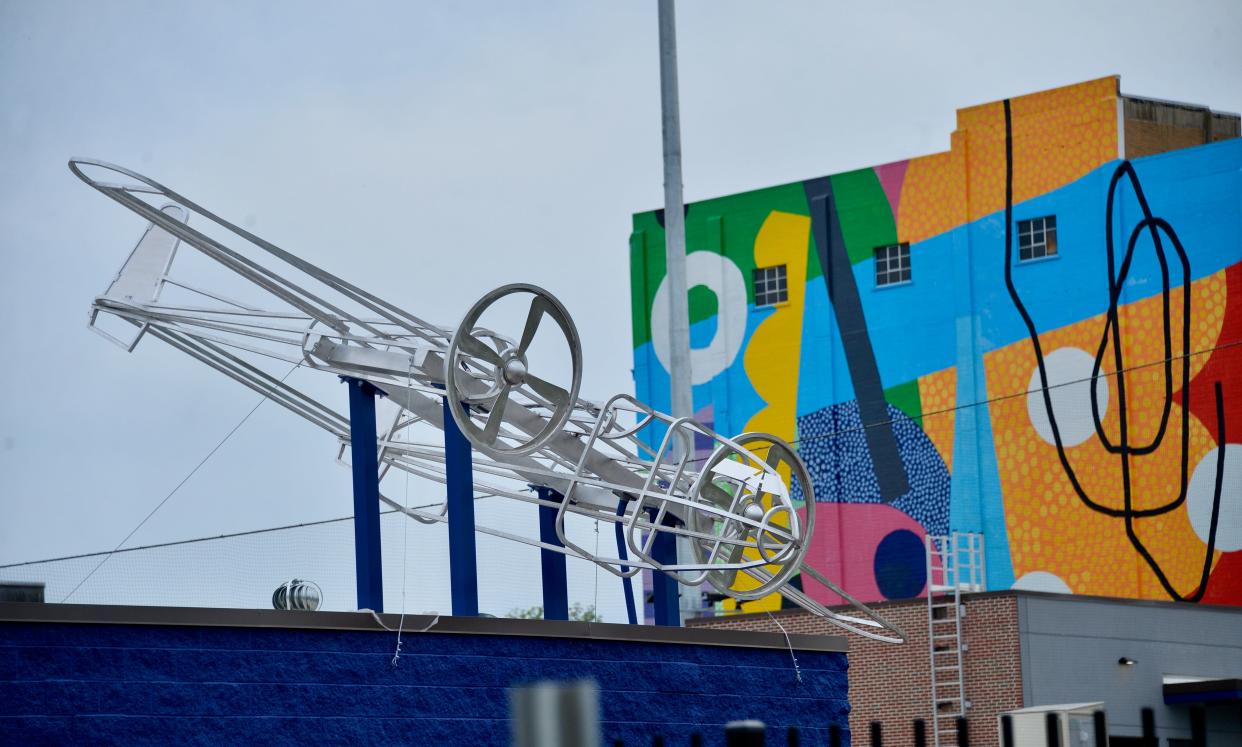 A sculpture of a Flying Boxcar atop one of the buildings at the new Meritus Park in downtown Hagerstown. The baseball team's name honors Fairchild Aircraft's production of the hulking cargo planes during World War II.