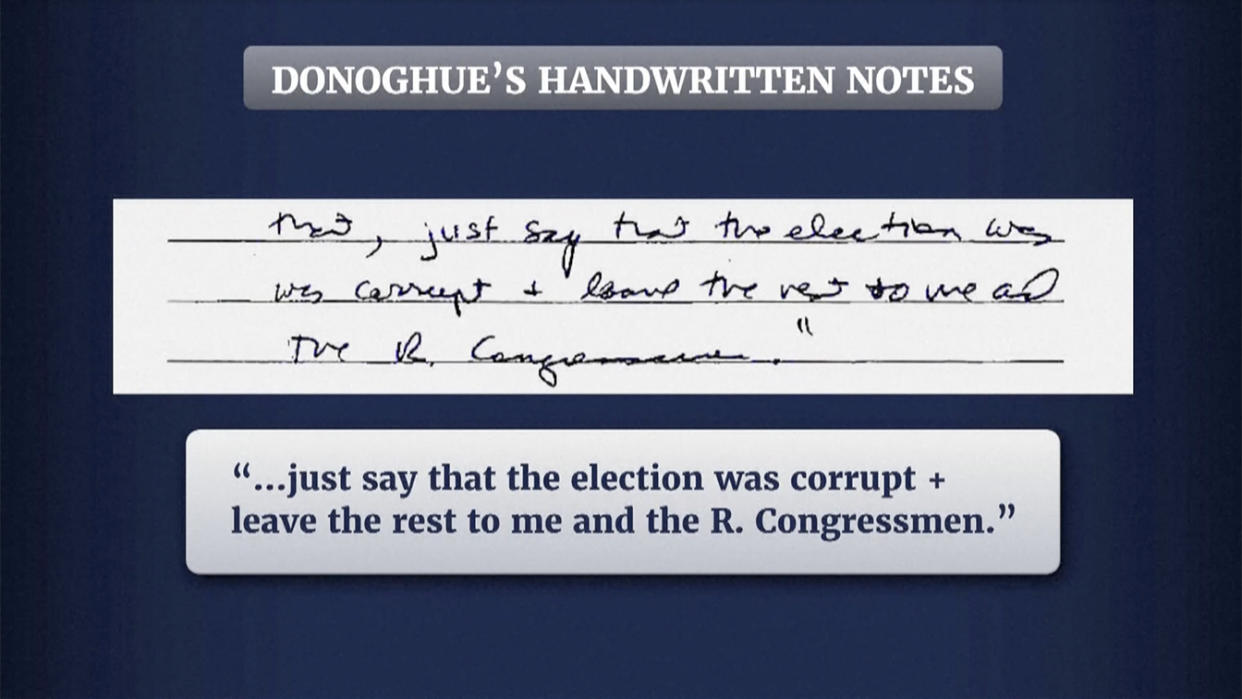 Slides showing Donoghue's notes are displayed during Thursday's select committee hearing. (House TV)