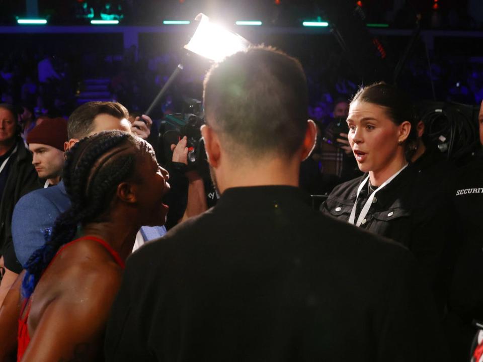 Claressa Shields (left) and Savannah Marshall exchange words in February (Getty Images)