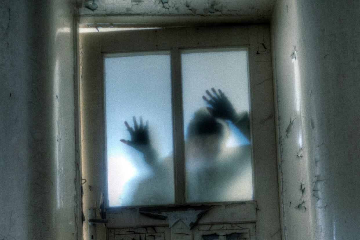 Zombie pressed against and seen through a frosted glass door.