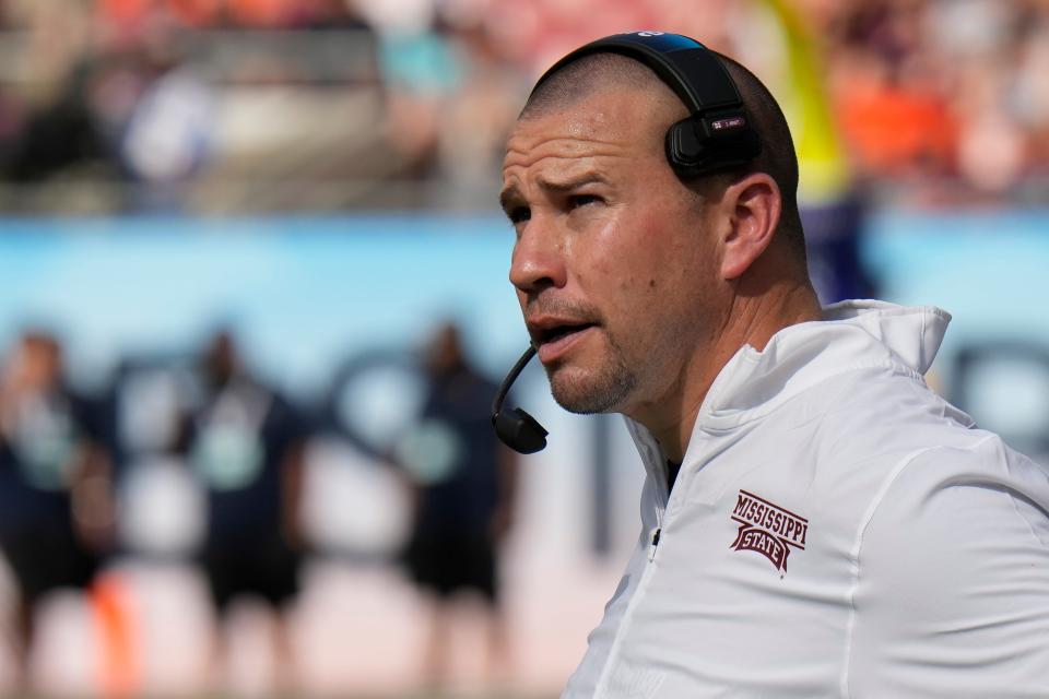 Mississippi State head coach Zach Arnett against Illinois during the first half of the ReliaQuest Bowl NCAA college football game Monday, Jan. 2, 2023, in Tampa, Fla. (AP Photo/Chris O'Meara)