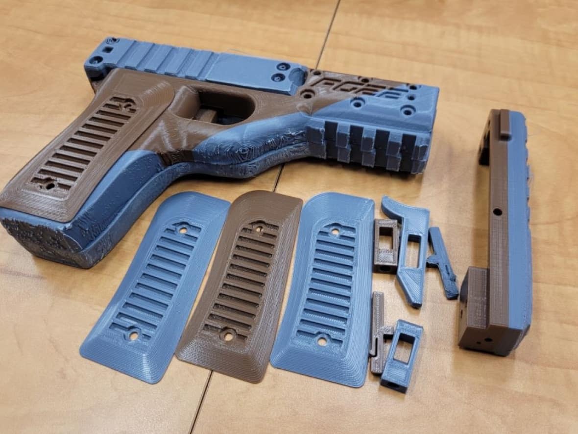This 3D-printed gun was recovered by Regina police in February 2022. (Regina Police Service - image credit)
