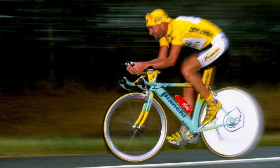 <span>Marco Pantani decked in the yellow jersey and in full flow during the penultimate stage of the 1998 Tour de France that he would go on to win.</span><span>Photograph: Alex Livesey/Allsport</span>