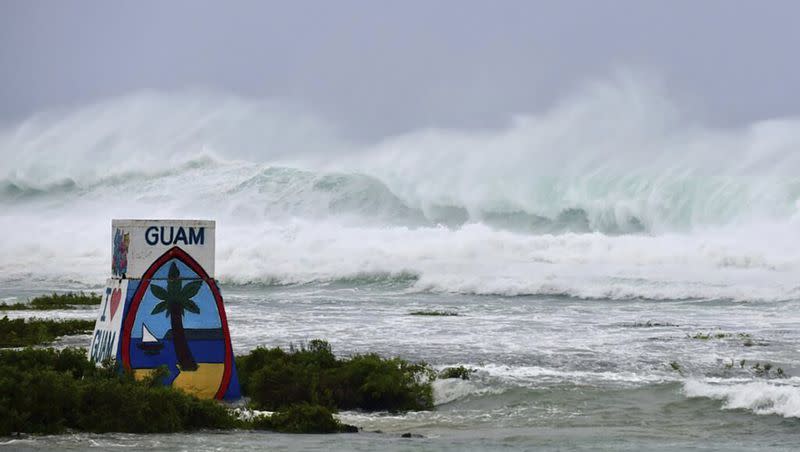 High waves from Typhoon Mawar batter the coast of Ipan in Talofofo, Guam, Wednesday, May 24, 2023. Many residents of Guam remained without power and utilities Thursday after Typhoon Mawar tore through the remote U.S. Pacific territory the night before and ripped roofs off homes, flipped vehicles and shredded trees. The storm is moving towards the Philippines and Taiwan as the National Weather Service upgrades it to a super typhoon.