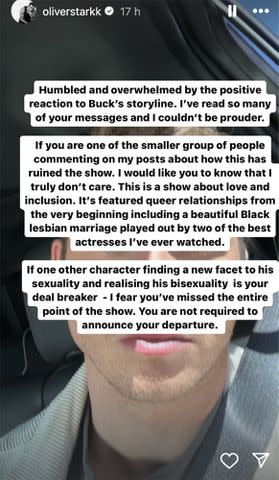 <p>Oliver Stark/Instagram</p> Oliver Stark's Instagram Story response to homophobic '9-1-1' backlash