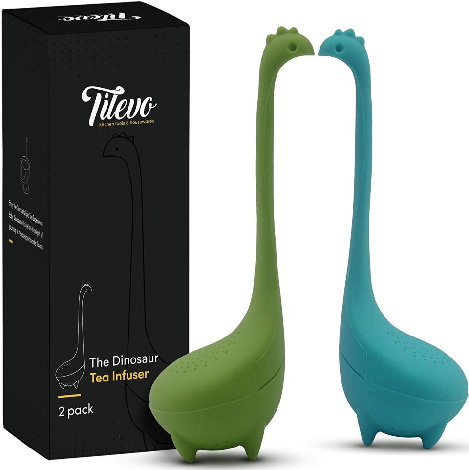 You won't want to describe these as anything other than "dino-myte." <br /><br /><strong>Promising review</strong>: "These are darling! I have one at home and one at work and they both work well. Ultra fine leaves/pieces make it through, but that&rsquo;s true for most infusers unless they&rsquo;re ultra fine mesh. One (humorous) design flaw... it does look a bit like Nessie is relieving herself when you take her out of your cup. Haha" &mdash; <a href="https://amzn.to/3vfAeem" target="_blank" rel="noopener noreferrer">M.D.</a><br /><br /><strong>Get a set of two from Amazon for <a href="https://amzn.to/2QQ4U6G" target="_blank" rel="noopener noreferrer">$12.95</a>.</strong>