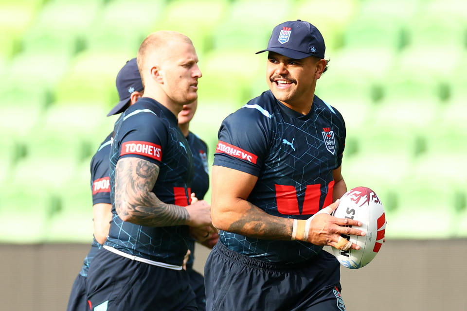 MELBOURNE, AUSTRALIA - JUNE 24: Latrell Mitchell of the Blues looks to pass the ball during a New South Wales Blues State of Origin Training Session at AAMI Park on June 24, 2024 in Melbourne, Australia. (Photo by Quinn Rooney/Getty Images)