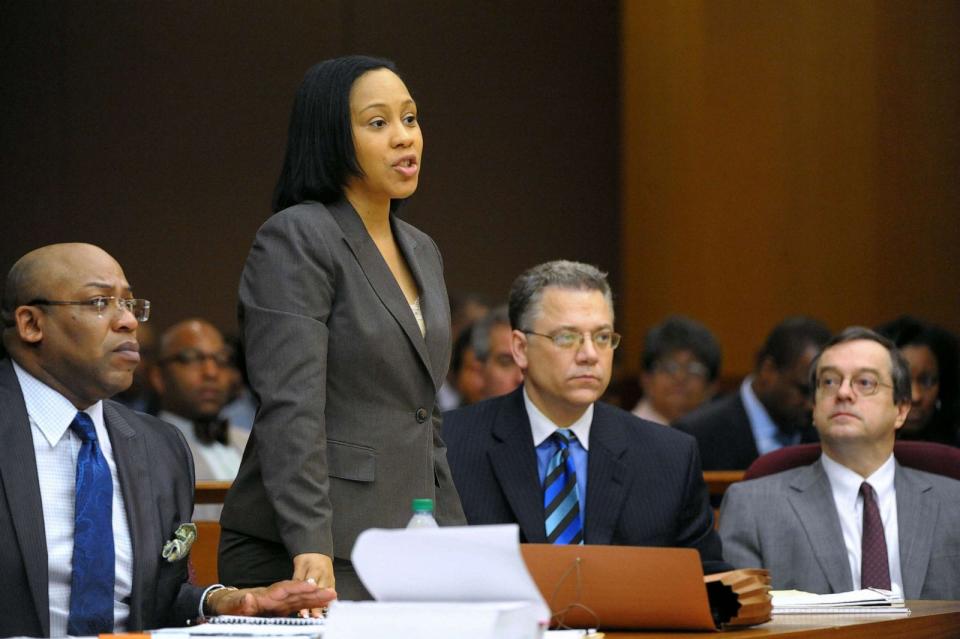 PHOTO: Senior Assistant District Attorney Fani Willis speaks during a Fulton County Superior Court hearing for several dozen Atlanta Public Schools educators facing charges alleging a conspiracy of cheating on standardized tests, May 3, 2013, in Atlanta. (David Tulis/AP)