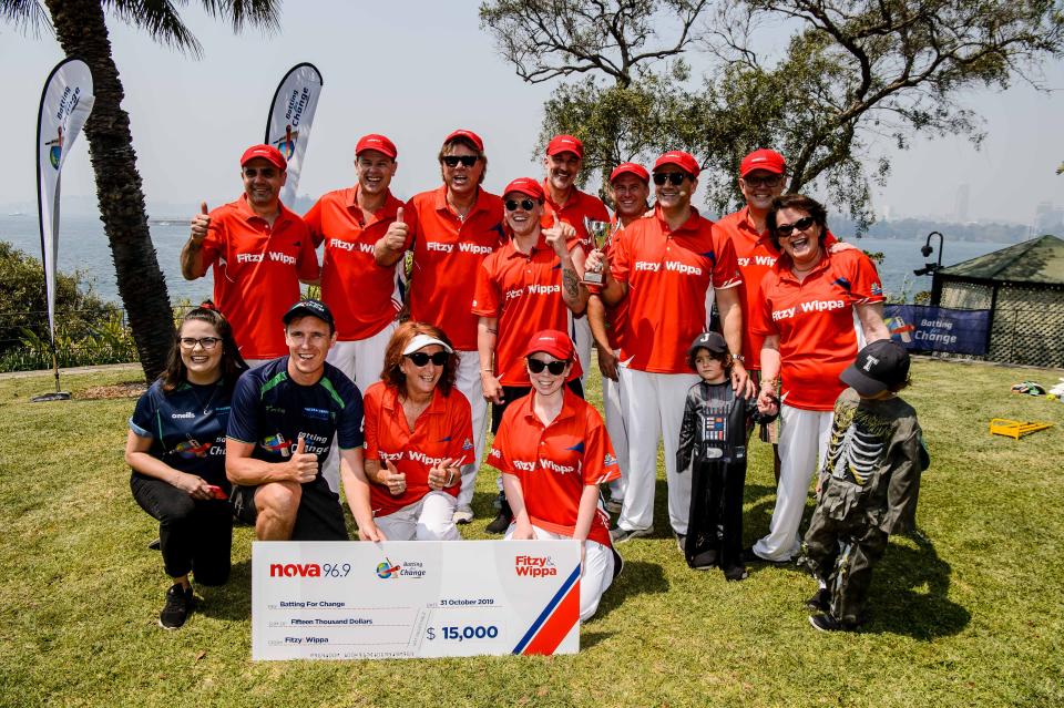 A photo of Karl Stefanovic, Richard Wilkins, Lynne McGranger, Scott Morrison and Michael 'Wippa' Wipfli at a charity cricket match.