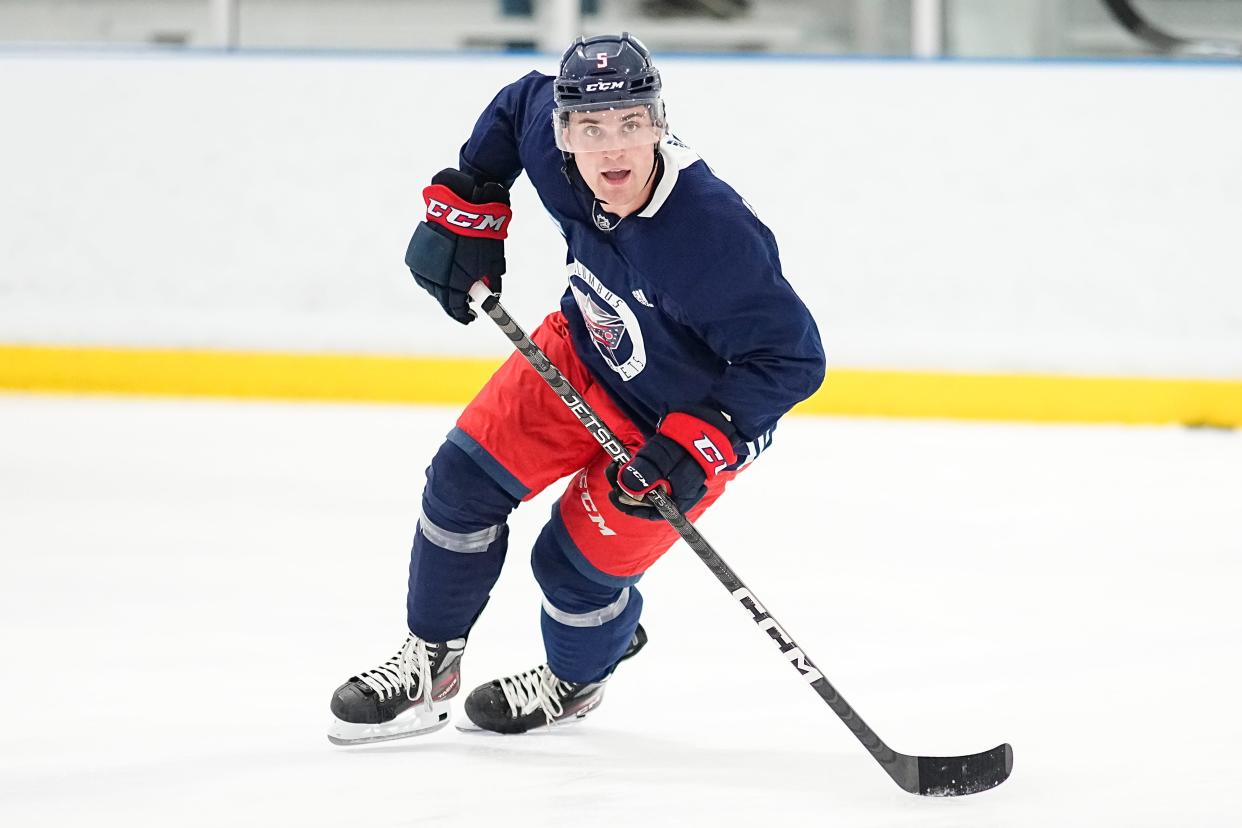 Jul 2, 2023; Columbus, Ohio, USA;  Defenseman Denton Mateychuk (5) skates during the Columbus Blue Jackets development camp at the OhioHealth Chiller North in Lewis Center. 