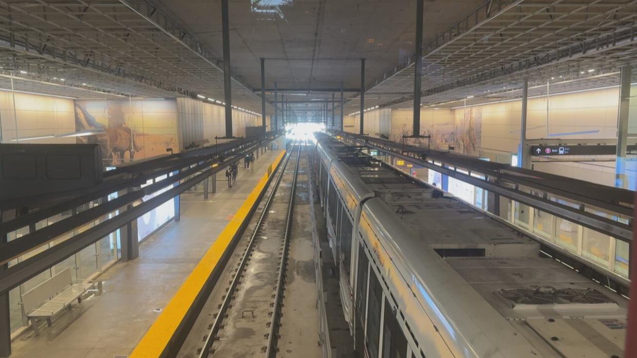 Staff have removed the suspended ceiling tiles from St-Laurent station, some of which were damaged by leaking water.  (Mathieu Deroy/CBC - image credit)