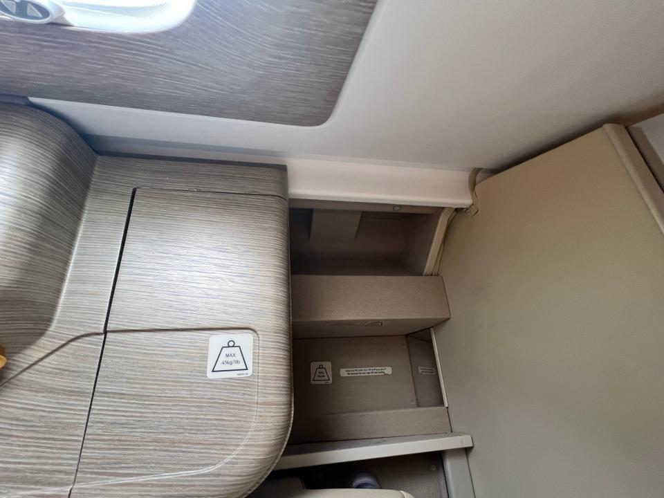 Stowage space in the back corner of an Emirates A380 first class suite